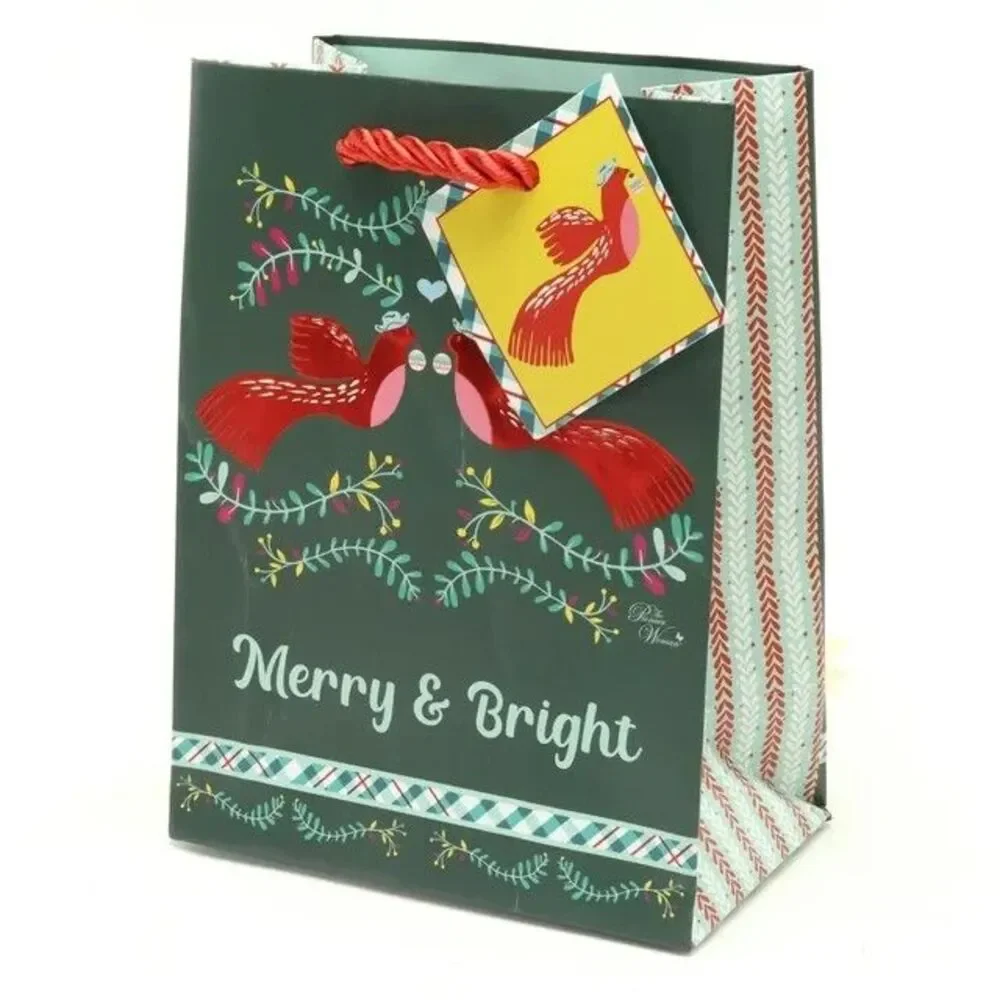 Pioneer Woman Christmas Gift Bag 5ct Set Foil or Glitter Paper Bird Floral Green